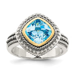 Shey Couture Sterling Silver with 14K Accent Antiqued Cushion Bezel Blue Topaz Ring
