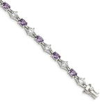 Sterling Silver Rhodium-plated Oval Purple and Clear CZ Bracelet