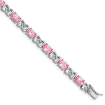 Sterling Silver Rhodium-plated Oval Pink CZ and Fancy Link Bracelet