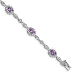 Sterling Silver Rhodium-plated Oval Purple and Clear CZ Halo Bracelet