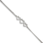 Sterling Silver Rhodium-plated Polished Three Linked CZ Open Hearts Bracelet with extension