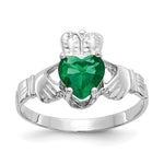 14k White Gold May CZ Heart Birthstone Claddagh Ring