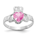 14k White Gold October CZ Heart Birthstone Claddagh Ring