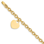 14K Engravable 18x Solid Dangle Heart Charm and Hollow Chain Bracelet