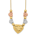 14k Tri-color Textured Puffed and Flat Hearts and Beads Necklace
