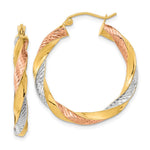 14k Tri-color Polished & D/C Twist Hoop Earrings