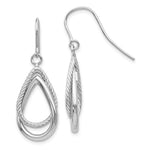 14K White Gold Polished and Textured Teardrop Shepherd Hook Earrings