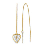 14k and White Rhodium Polished/Satin/Diamond-cut Heart Threader Earrings