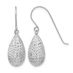 14k White Gold Textured Puffed Teardrop Dangle French Hook Earrings