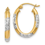 14K & Rhodium Diamond Cut Oval Hollow Hoop Earrings