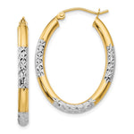 14K w/ White Rhodium Diamond Cut Oval Hollow Hoop Earrings