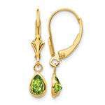 14k 6x Pear Bezel August/Peridot Leverback Earrings