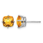14k White Gold Cushion Citrine Checkerboard Post Earrings