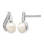 14k White Gold 6- White Button Freshwater Cultured Pearl and .02 carat Diamond Post Earrings
