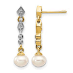 14k and White Rhodium 5- Semi-round White Freshwater Cultured Pearl and .04 carat Diamond Dangle Post Earrings
