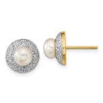 14k and White Rhodium 5- White Button Freshwater Cultured Pearl and .05 carat Diamond Post Earrings