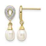 14k 7x White Teardrop Freshwater Cultured Pearl and .01 carat Diamond Dangle Post Earrings