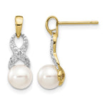 14k 6- White Round Freshwater Cultured Pearl and .01 carat Diamond Ribbon Dangle Post Earrings