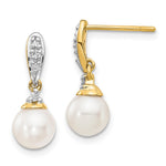 14k 6- White Round FWC Pearl .08ct Diamond Dangle Earrings