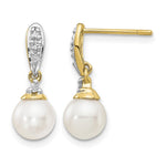 14k 6- White Round Freshwater Cultured Pearl and .08 carat Diamond Dangle Post Earrings