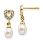 14k 7x Teardrop FWC Pearl .01ct Heart Diamond Dangle Earrings