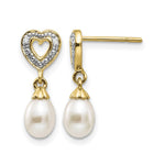 14k 7x White Teardrop Freshwater Cultured Pearl and .01 carat Diamond Heart Dangle Post Earrings