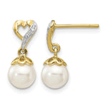 14k 6- White Round Freshwater Cultured Pearl and .01 carat Diamond Heart Dangle Post Earrings