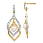14k 5- White Round FWC Pearl .02ct Diamond Dangle Earrings