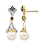 14k 7- White Round Freshwater Cultured Pearl/Lab Created Sapphire/.03 carat Diamond Dangle Post Earrings