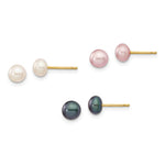 14k 5- Multicolor Button Freshwater Cultured Pearl Boxed 3 Pair Post Earrings Set