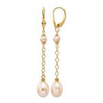14k 5- Pink Rice and Semi-Round Freshwater Cultured Pearl Chain Dangle Leverback Earrings