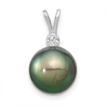 14k White Gold 10- Round Black Tahitian Saltwater Cultured Pearl and .05 Carat Diamond Pendant
