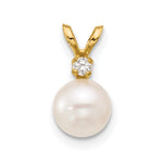 14k 6- White Round Akoya Saltwater Cultured Pearl and .03 Carat Diamond Pendant