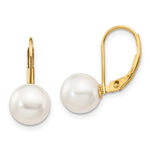 14k 8- White Round Akoya Saltwater Cultured Pearl Leverback Earrings