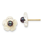 14k 3- Black Round Freshwater Cultured Pearl and White Mother of Pearl Flower Post Earrings