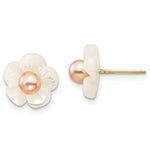 14k 3- Pink Round Freshwater Cultured Pearl and White Mother of Pearl Flower Post Earrings