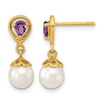 14K 6- White Round Freshwater Cultured Pearl and 3.08AM Pear Amethyst Post Dangle Earrings