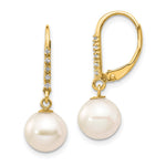 14k 8- White Round Freshwater Cultured Pearl and .05 Carat Diamond Dangle Leverback Earrings