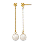 14k 7- White Round Freshwater Cultured Pearl Chain Dangle Post Earrings