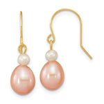 14k 7- Pink Rice and White Round Freshwater Cultured Pearl Dangle Earrings