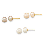 14k 6- Multicolor Button Freshwater Cultured Pearl Boxed 3 Pair Post Earrings Set
