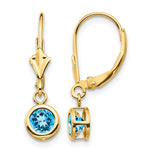 14k Round Blue Topaz Bezel Leverback Dangle Earrings