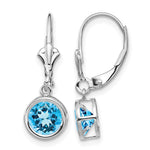 14k White Gold Round Blue Topaz Bezel Leverback Dangle Earrings