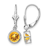 14k White Gold Round Citrine Bezel Leverback Dangle Earrings