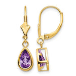 14k 8x Pear Amethyst Bezel Leverback Dangle Earrings