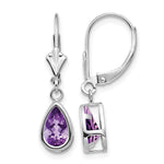 14k White Gold 8x Pear Amethyst Bezel Leverback Dangle Earrings