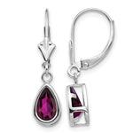 14k White Gold 8x Pear Rhodolite Garnet Bezel Leverback Dangle Earrings