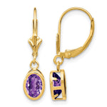 14k 7x Oval Amethyst Bezel Leverback Dangle Earrings