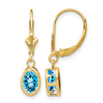 14k 7x Oval Blue Topaz Bezel Leverback Dangle Earrings
