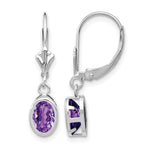 14k White Gold 7x Oval Amethyst Bezel Leverback Dangle Earrings